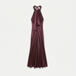 FJØRNA women's satin halter maxi dress with open back and cowl neck, elegant formal evening gown with flowing fabric.