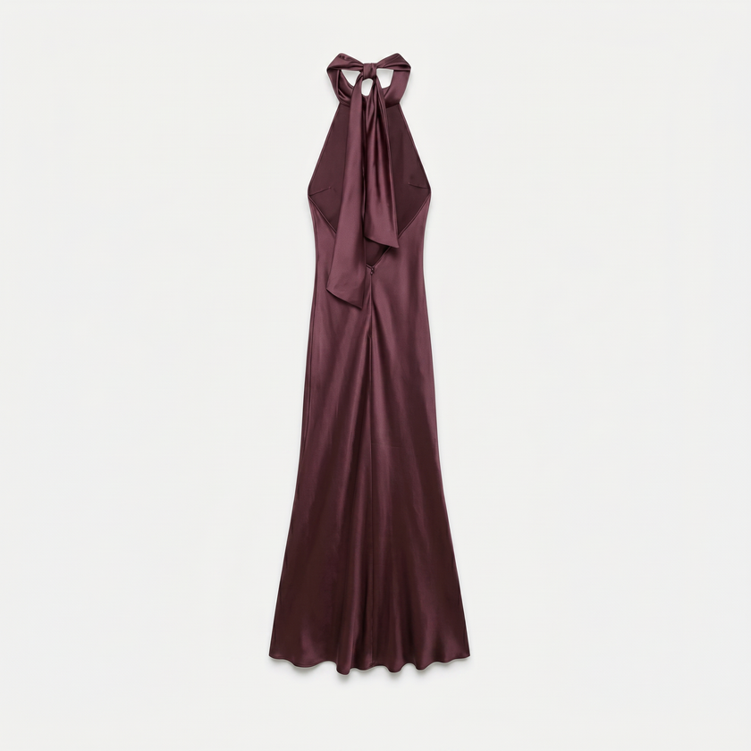 FJØRNA women's satin halter maxi dress with open back and cowl neck, elegant formal evening gown with flowing fabric.