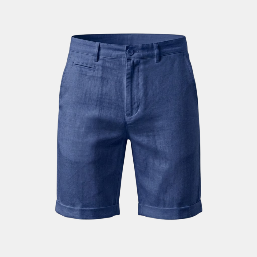 Men's linen blend shorts by FJØRNA with a tailored, relaxed fit, featuring a neutral color and casual design for warm weather.