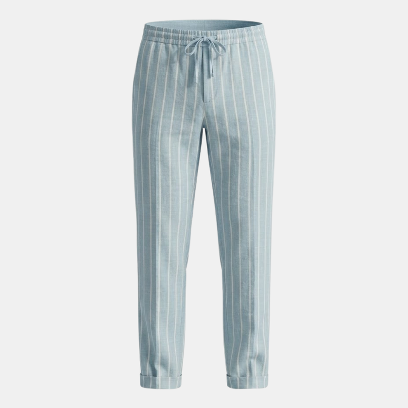 FJØRNA men's linen trousers with drawstring waist, relaxed fit, lightweight breathable fabric, suitable for casual wear.