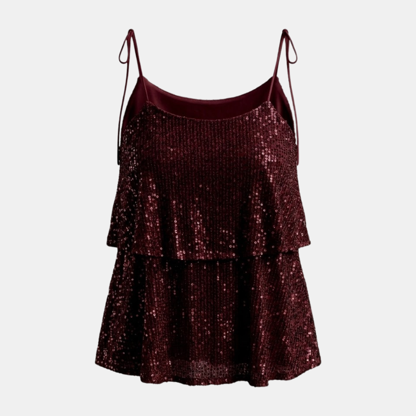 FJØRNA men's sequin top, stylish women's top with shimmering sequins, featuring a trendy design and vibrant metallic finish.