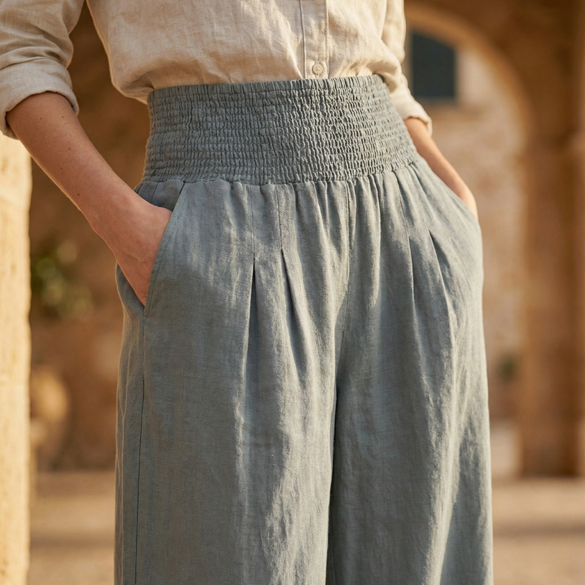 FJØRNA women's high waist wide leg elastic trousers, stylish and comfortable pants with a relaxed fit and flowing silhouette.