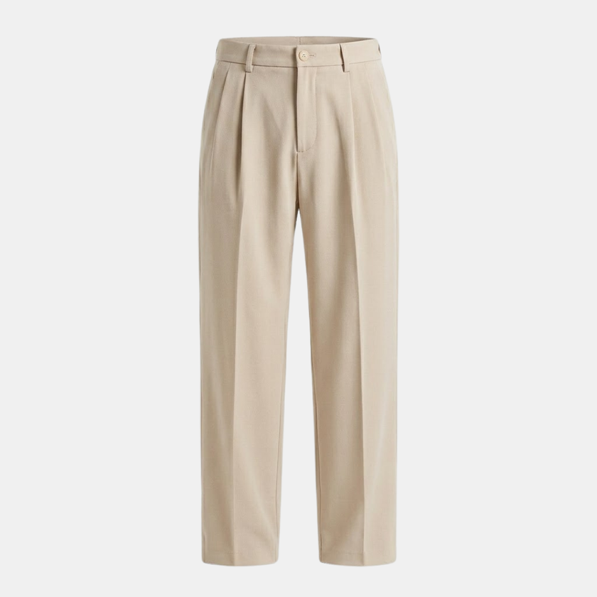 FJØRNA men's pleated relaxed fit trousers, front view showing tailored design and comfortable fit in neutral fabric