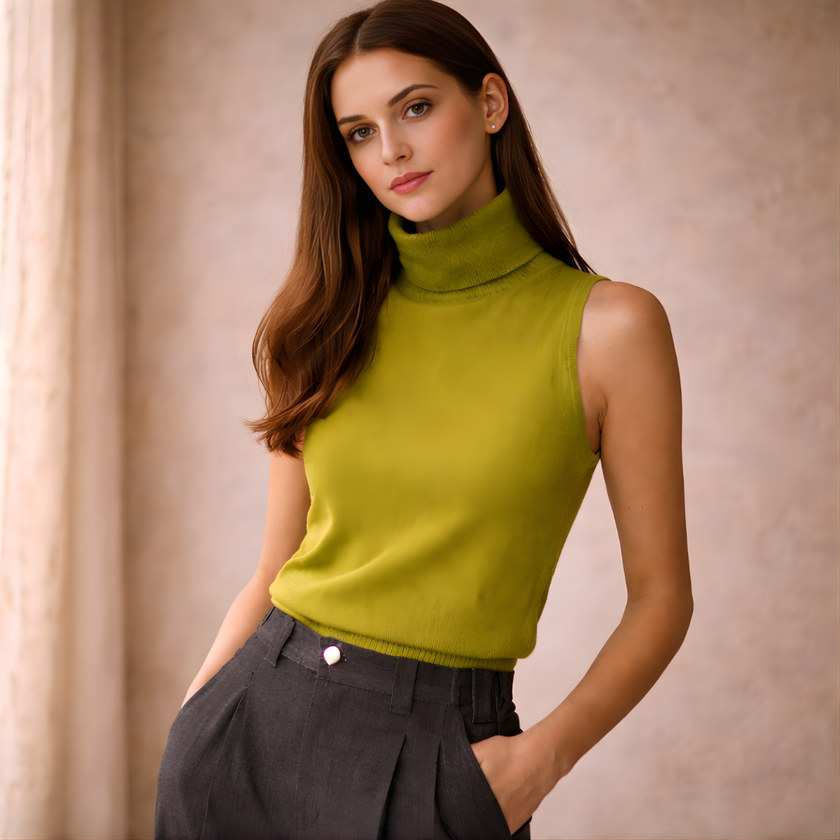 FJØRNA men's knit turtleneck top, featuring a close-fitting collar and textured knit fabric, ideal for layered winter style.