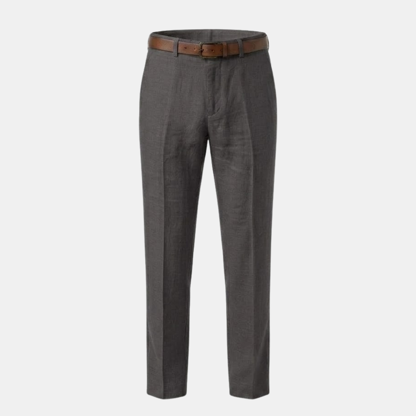 FJØRNA linen blend straight leg men's trousers in neutral color, tailored fit with front pockets and clean design.