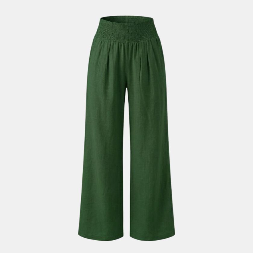 FJØRNA women's linen blend wide-leg trousers with elastic waistband, relaxed fit and neutral color, perfect for casual wear.