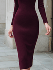 FJØRNA Bordeaux ribbed knit midi dress with keyhole neckline, showcasing fitted silhouette and stylish design.