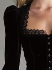 Black velvet lace long sleeve blouse for women by FJØRNA, featuring elegant lace details and a fitted design.