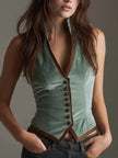 FJØRNA Sage velvet slim-fit waistcoat tank top with leather trim, stylish sleeveless design and modern fashion details.