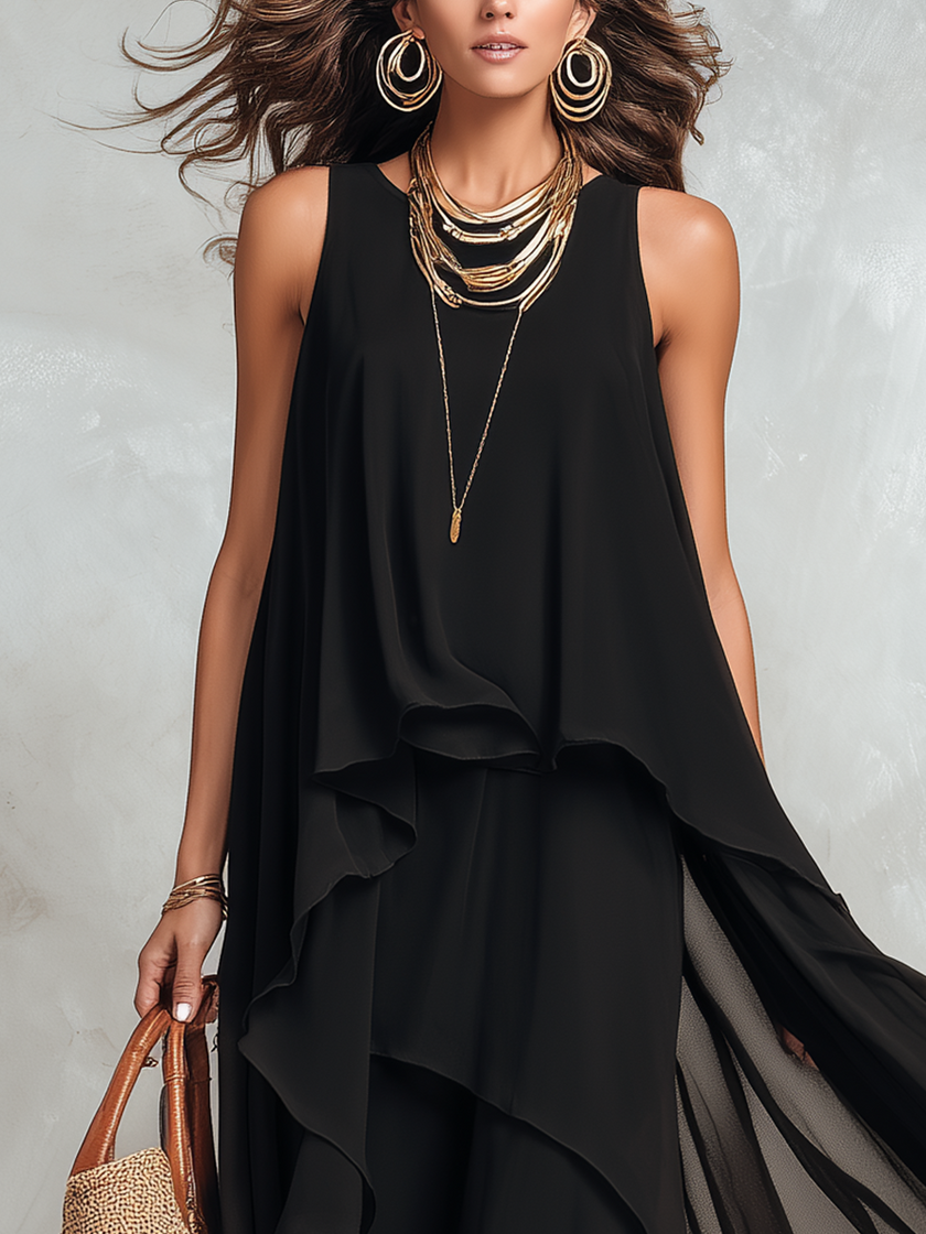 FJØRNA bohemian black layered chiffon maxi dress with flowing fabric and tiered design, perfect for boho-inspired style.