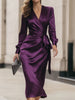 FJØRNA deep purple satin wrap midi dress for women, elegant sleeveless dress with a fitted waist and flowing skirt.
