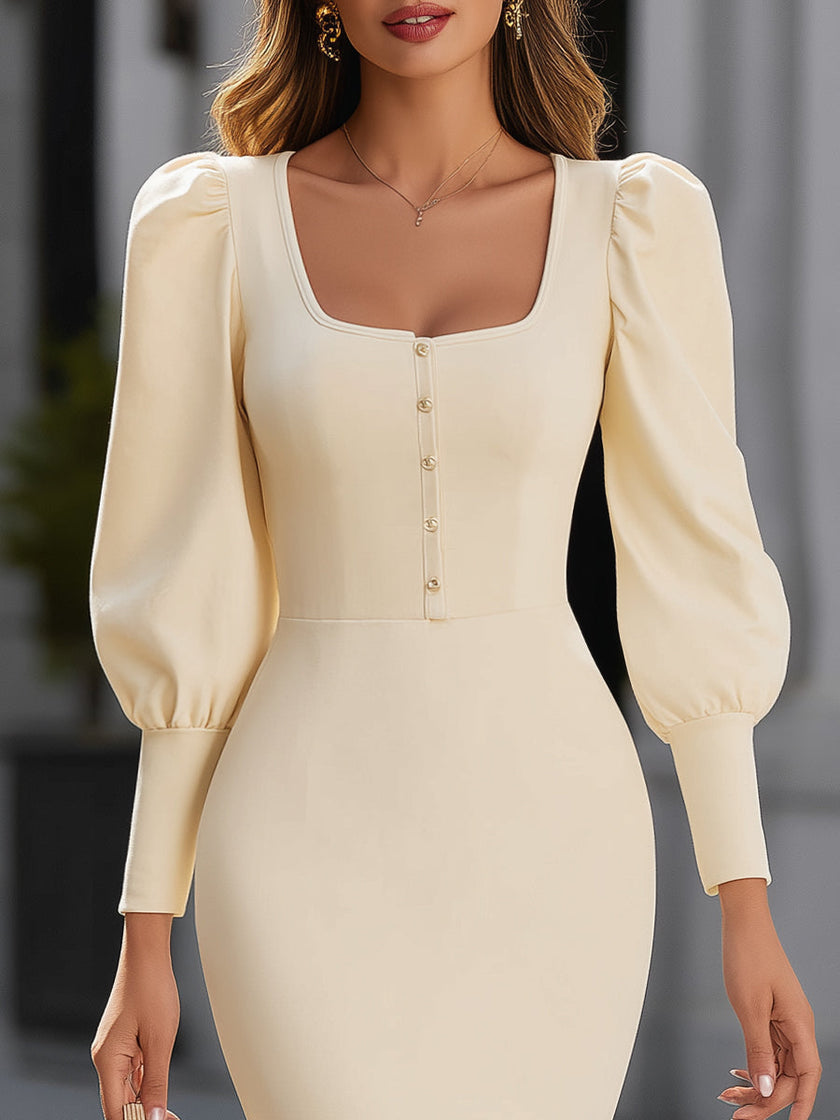 FJØRNA leather midi dress with puff sleeves, square neckline, and button detail, showcasing a stylish and elegant design.