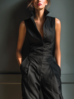 FJØRNA cotton-linen sleeveless jumpsuit for women with collar, cargo pockets, wide-leg design, perfect for casual wear.