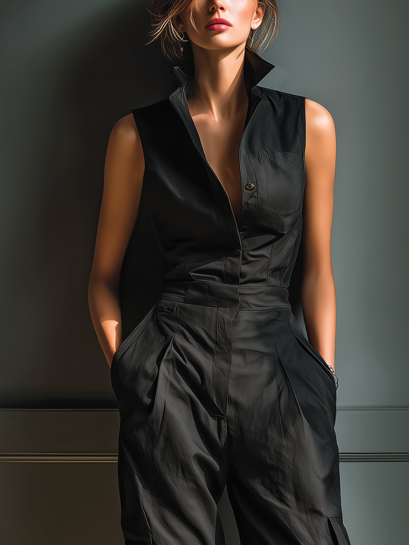 FJØRNA cotton-linen sleeveless jumpsuit for women with collar, cargo pockets, wide-leg design, perfect for casual wear.