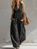 FJØRNA black cotton linen sleeveless jumpsuit for women, showcasing a stylish, comfortable one-piece outfit with a relaxed fit.
