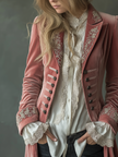 Pink floral embroidered velvet blazer for women, FJØRNA evening coat with elegant floral embroidery and soft velvet fabric.