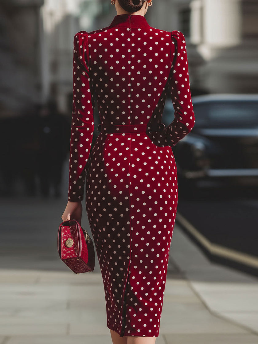 FJØRNA vintage-inspired red polka dot velvet midi dress for women, featuring classic polka dot pattern and elegant velvet fabric.