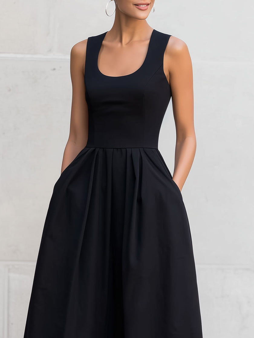 FJØRNA black sleeveless square-neck midi dress for women, showcasing a fitted silhouette and elegant design.