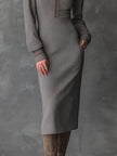 FJØRNA elegant bohemian Ash taupe sculpted herringbone knit midi dress with a fitted waist and long sleeves.