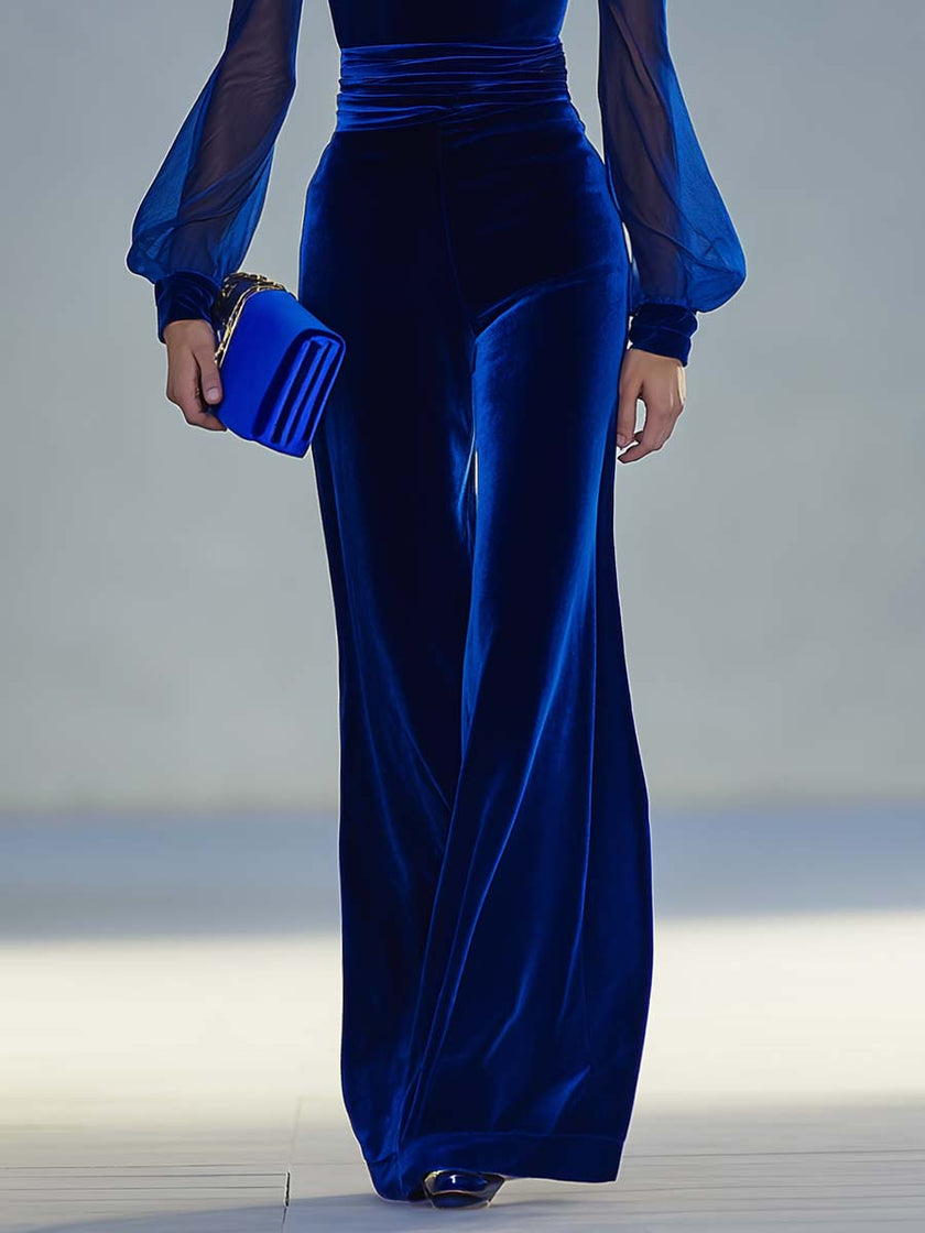 Royal blue velvet V-neck mesh long sleeve jumpsuit by FJØRNA, featuring a fitted silhouette and elegant design.