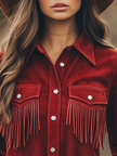 Red suede western tassel long sleeve shirt by FJØRNA, featuring western-style design with tassels and long sleeves.