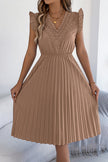FJØRNA solid color v-neck sleeveless midi dress with lace trim, pleated casual design, perfect for summer wear.