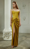 FJØRNA draped strapless satin maxi dress with flowing fabric and elegant design, perfect for formal occasions.