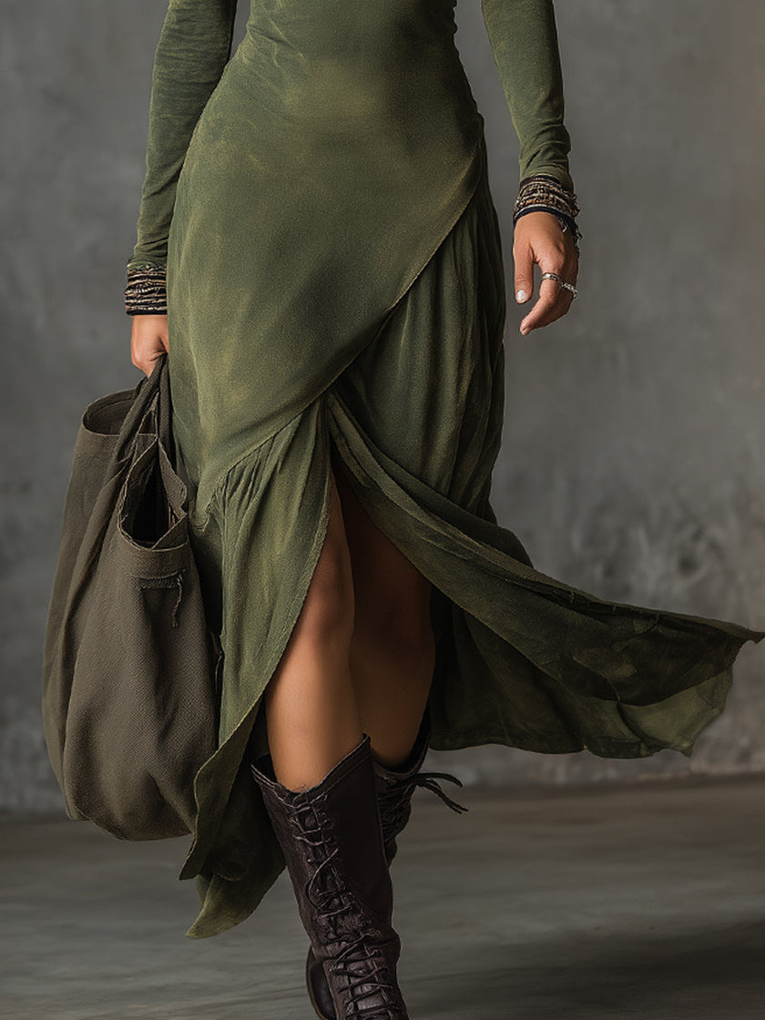 FJØRNA bohemian washed cotton midi dress with half-zip and side slits, women's casual dress featuring a relaxed fit and stylish details.
