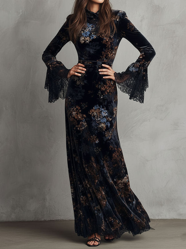 FJØRNA velvet floral midnight evening dress featuring a fitted silhouette and elegant floral pattern for formal occasions.