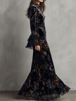 FJØRNA velvet floral midnight evening dress with long sleeves and elegant fit, perfect for formal occasions.