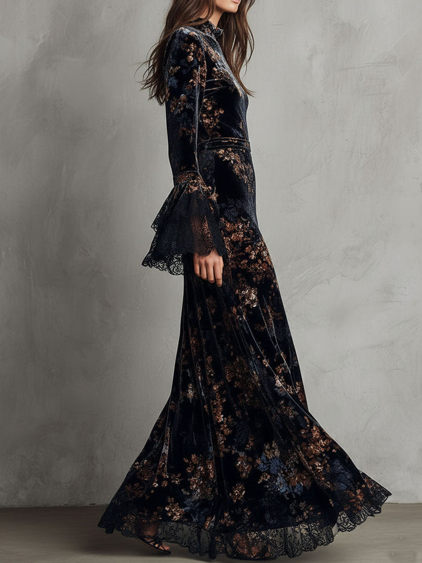 FJØRNA velvet floral midnight evening dress with long sleeves and elegant fit, perfect for formal occasions.