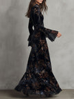 FJØRNA velvet floral midnight dress, elegant evening dress with long sleeves and a fitted silhouette, perfect for formal occasions.