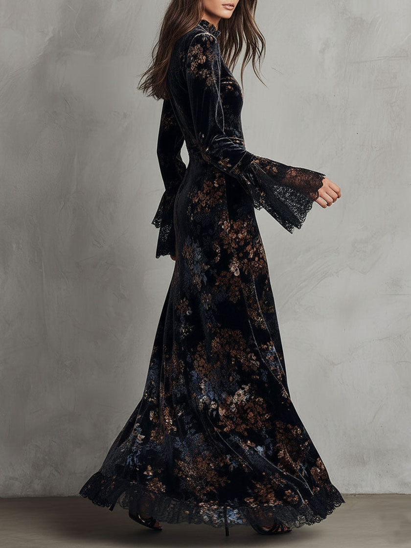 FJØRNA velvet floral midnight dress, elegant evening dress with long sleeves and a fitted silhouette, perfect for formal occasions.