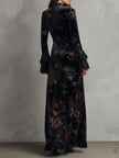 FJØRNA velvet floral midnight evening dress with long sleeves and elegant design, perfect for formal occasions.