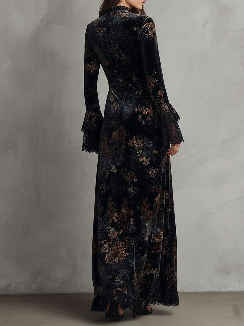 FJØRNA velvet floral midnight evening dress with long sleeves and elegant design, perfect for formal occasions.