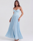 Women's strapless pleated maxi dress with corset bodice by FJØRNA, featuring a topaz color and elegant flowing skirt.