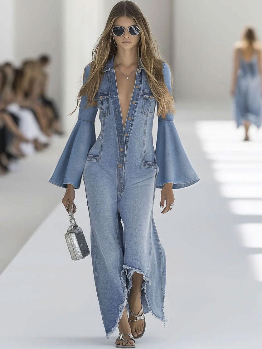 Light blue denim flared long sleeve jumpsuit by FJØRNA featuring wide-leg silhouette and button-up front.