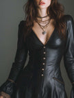 FJØRNA retro V-neck button lace trim faux leather mini dress, stylish dress with lace accents and V-neck design, black color.