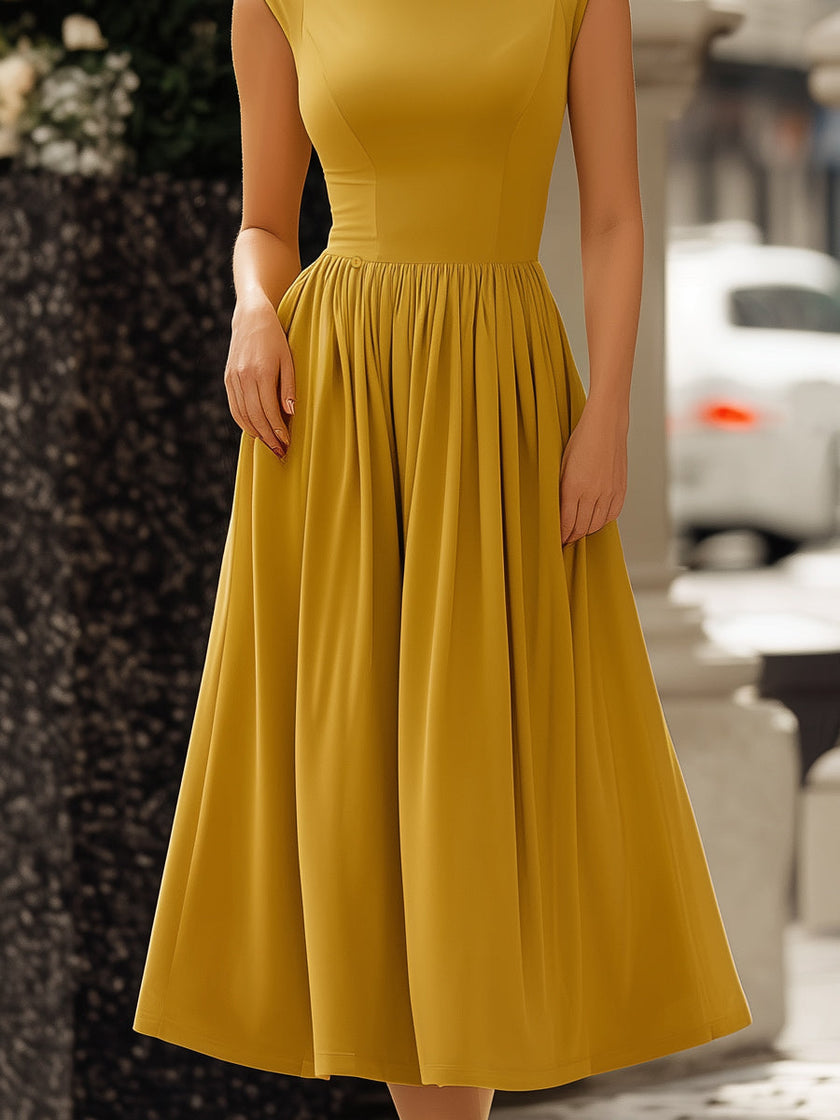 FJØRNA two-way convertible high-neck draped midi dress for women, showcasing a stylish, elegant design with flowing fabric and versatile neckline.