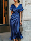 FJØRNA loose short sleeve asymmetric evening dress with split joint V-neck and solid color design, elegant and stylish.