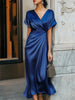 FJØRNA loose short sleeve asymmetric evening dress with split joint V-neck and solid color design, elegant and stylish.