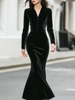 FJØRNA velvet long-sleeve mermaid dress for women, stylish buttoned design, elegant fit, and luxurious fabric.