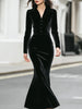 FJØRNA velvet long-sleeve mermaid dress for women, stylish buttoned design, elegant fit, and luxurious fabric.
