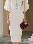 FJØRNA cape sleeve embellished waist midi dress for women, featuring elegant design and detailed embellishments.