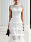 FJØRNA sheer mesh tiered ruffle maxi evening dress with sleeves, elegant floor-length dress featuring flowy ruffles and delicate fabric.