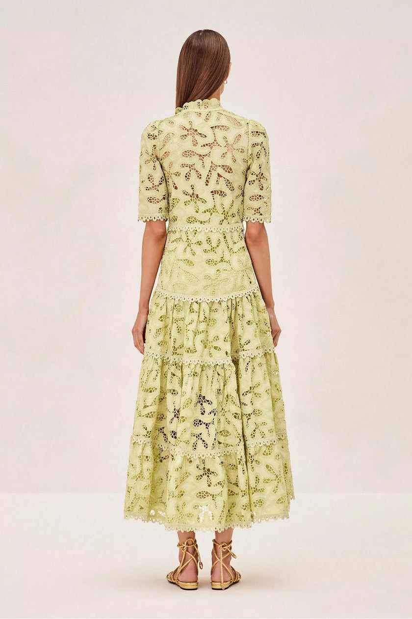 FJØRNA Ledina Maxi Green Dress with flowing fabric and elegant design, perfect for summer or special occasions.
