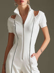 White cotton blend short sleeve wide-leg jumpsuit by FJØRNA, displayed with a relaxed fit and stylish design.