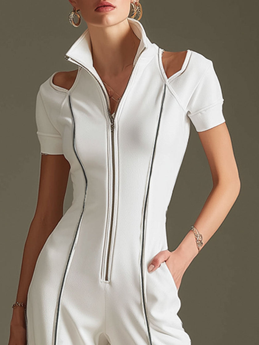 White cotton blend short sleeve wide-leg jumpsuit by FJØRNA, displayed with a relaxed fit and stylish design.