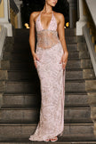 FJØRNA Amina Maxi Dress in pink, flowing fabric with a stylish silhouette, perfect for elegant occasions.