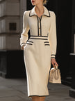 FJØRNA classic contrast-trim midi dress with button details, featuring a stylish, elegant design and midi length.